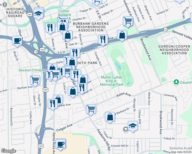 map of restaurants, bars, coffee shops, grocery stores, and more near 927 Frazier Avenue in Santa Rosa