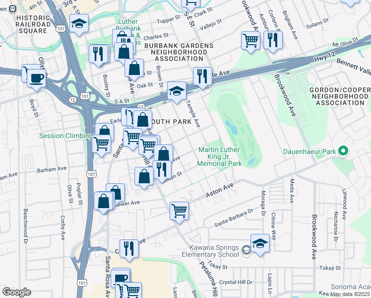 map of restaurants, bars, coffee shops, grocery stores, and more near 810 Pressley Street in Santa Rosa