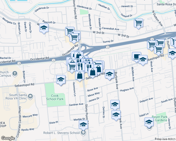 map of restaurants, bars, coffee shops, grocery stores, and more near 750 Stony Point Road in Santa Rosa