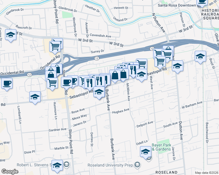 map of restaurants, bars, coffee shops, grocery stores, and more near 17 Romani Court in Santa Rosa