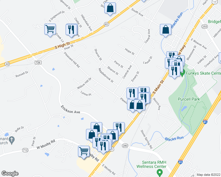 map of restaurants, bars, coffee shops, grocery stores, and more near 52 Pleasant Hill Road in Harrisonburg