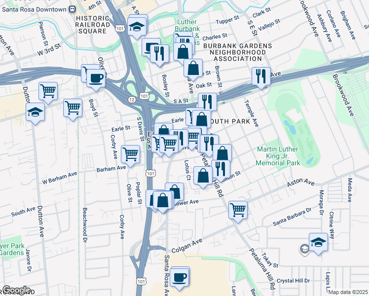 map of restaurants, bars, coffee shops, grocery stores, and more near 1010 Santa Rosa Avenue in Santa Rosa