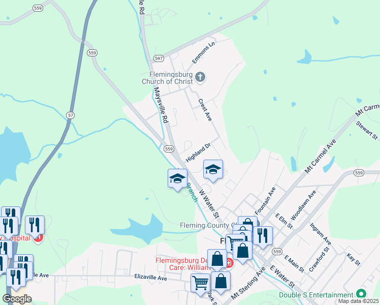 map of restaurants, bars, coffee shops, grocery stores, and more near 500 West Water Street in Flemingsburg