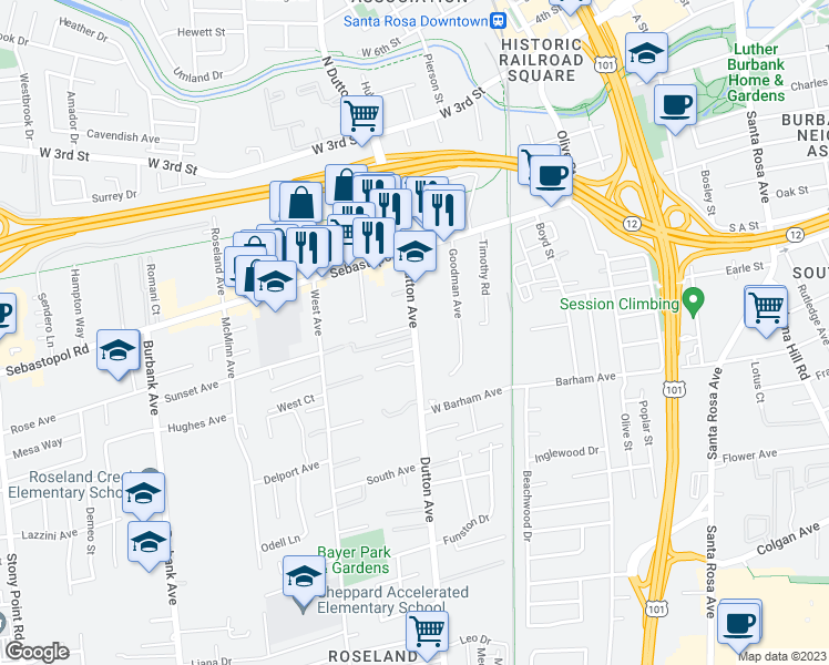 map of restaurants, bars, coffee shops, grocery stores, and more near 777 Dutton Avenue in Santa Rosa