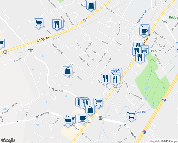 map of restaurants, bars, coffee shops, grocery stores, and more near 50 Pleasant Hill Road in Harrisonburg