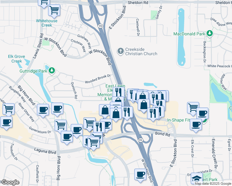 map of restaurants, bars, coffee shops, grocery stores, and more near 9045 Willowberry Way in Elk Grove
