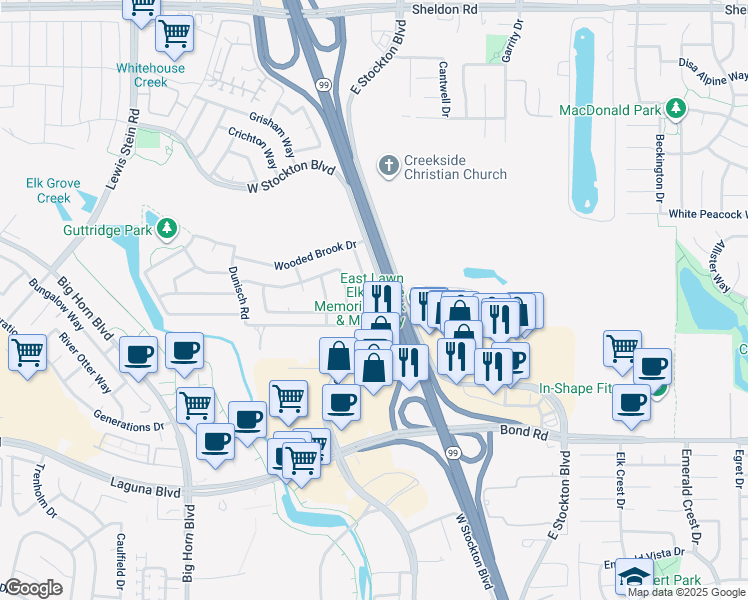 map of restaurants, bars, coffee shops, grocery stores, and more near 9053 Willowberry Way in Elk Grove