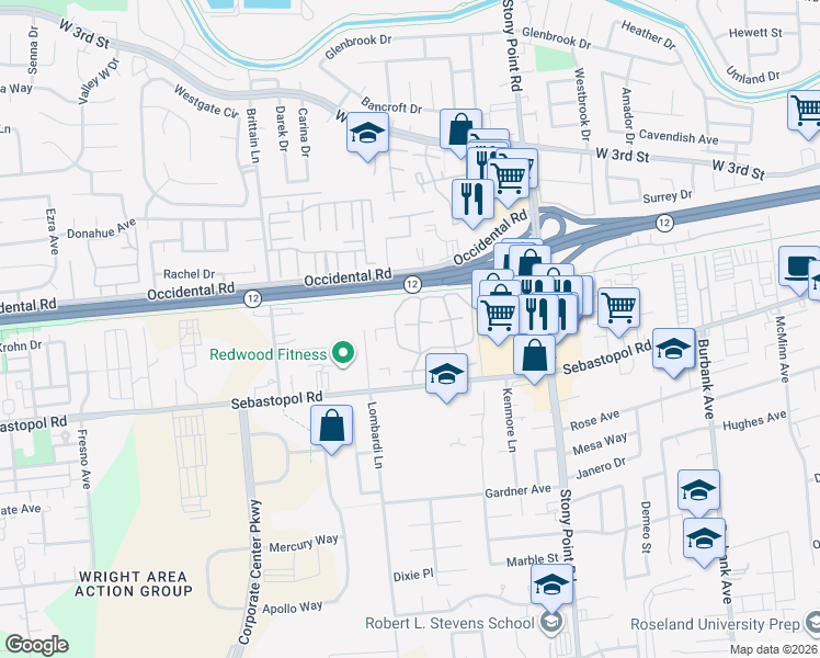 map of restaurants, bars, coffee shops, grocery stores, and more near 621 Ryan Lane in Santa Rosa