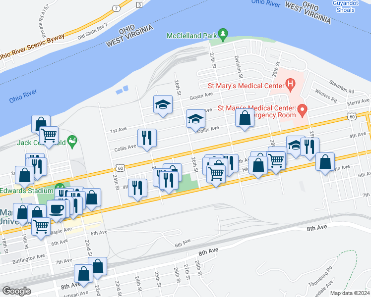 map of restaurants, bars, coffee shops, grocery stores, and more near 225 26th Street in Huntington