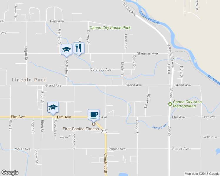 map of restaurants, bars, coffee shops, grocery stores, and more near 1606 Grand Avenue in Cañon City