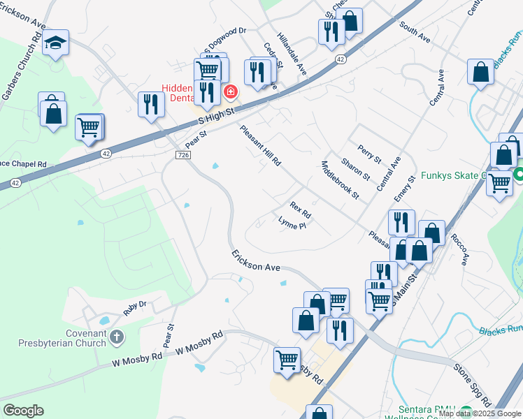 map of restaurants, bars, coffee shops, grocery stores, and more near 1937 Willow Hill Drive in Harrisonburg