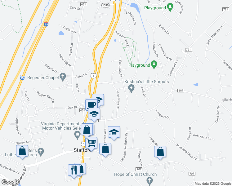 map of restaurants, bars, coffee shops, grocery stores, and more near 47 Landmark Drive in Stafford