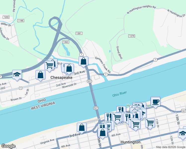 map of restaurants, bars, coffee shops, grocery stores, and more near 110 2nd Avenue in Chesapeake