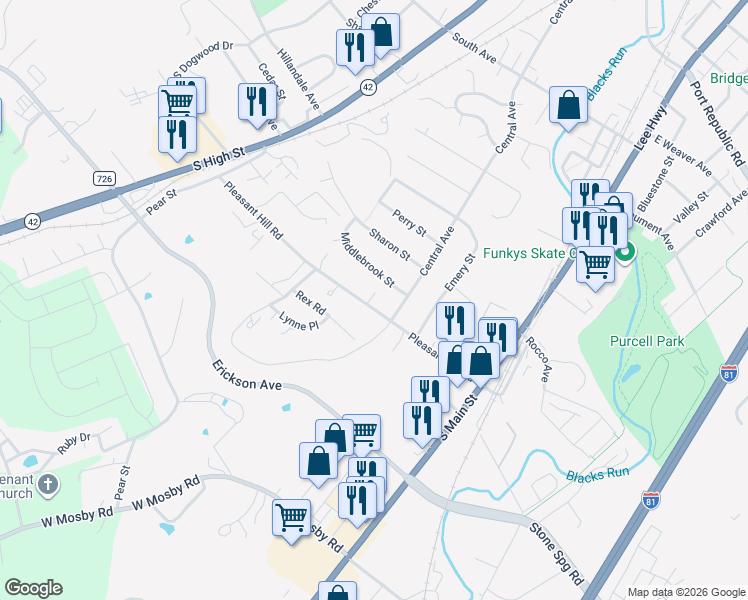 map of restaurants, bars, coffee shops, grocery stores, and more near 82 Pleasant Hill Road in Harrisonburg