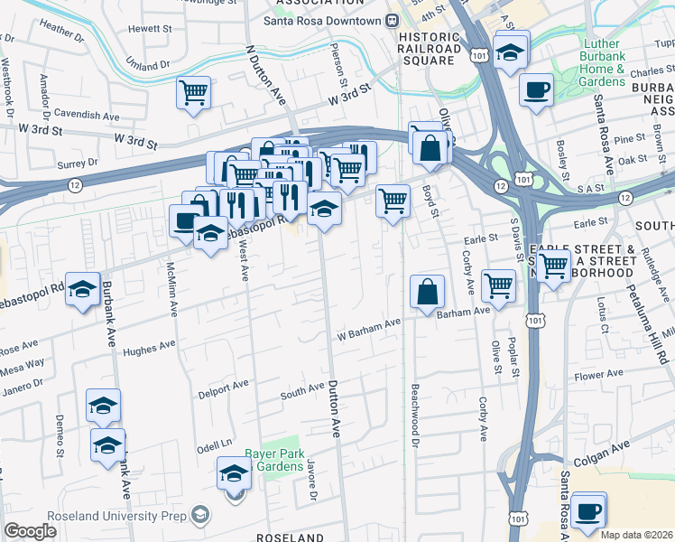 map of restaurants, bars, coffee shops, grocery stores, and more near 473 Goodman Avenue in Santa Rosa