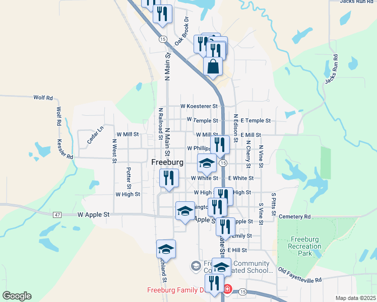 map of restaurants, bars, coffee shops, grocery stores, and more near 208 West Phillips Street in Freeburg