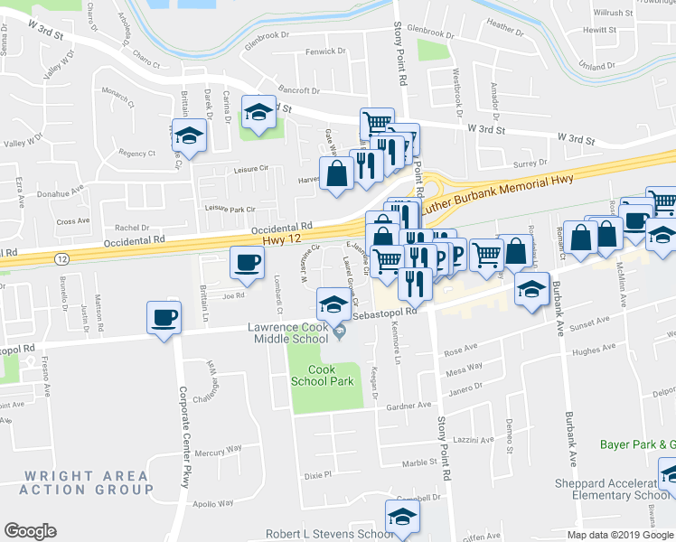 map of restaurants, bars, coffee shops, grocery stores, and more near 558 Torrey Pine Lane in Santa Rosa