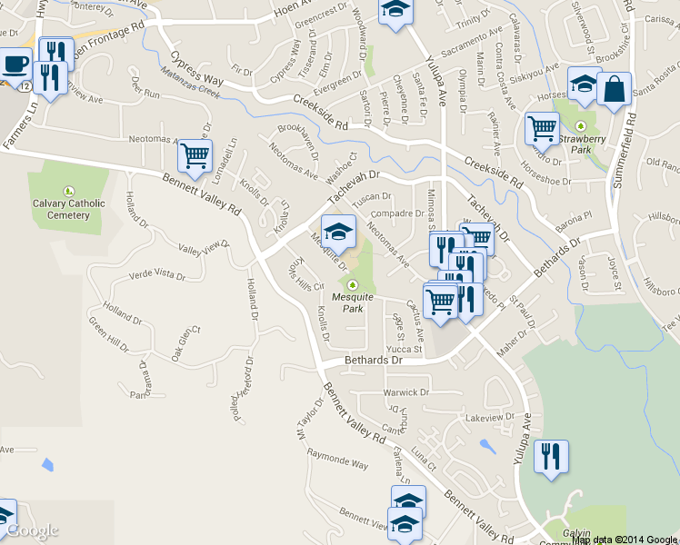 map of restaurants, bars, coffee shops, grocery stores, and more near 2250 Mesquite Drive in Santa Rosa