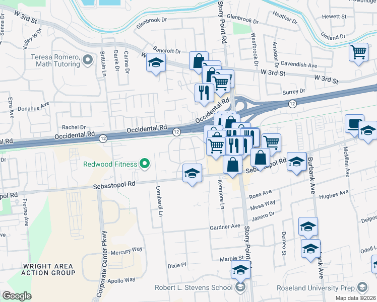 map of restaurants, bars, coffee shops, grocery stores, and more near 538 Torrey Pine Lane in Santa Rosa