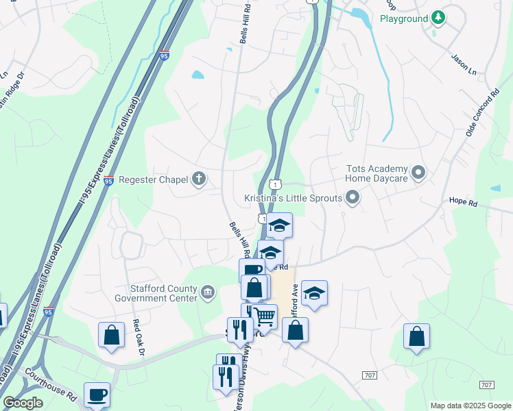 map of restaurants, bars, coffee shops, grocery stores, and more near 35 Iris Lane in Stafford