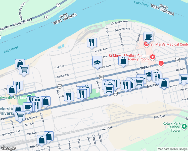 map of restaurants, bars, coffee shops, grocery stores, and more near 225 26th Street in Huntington
