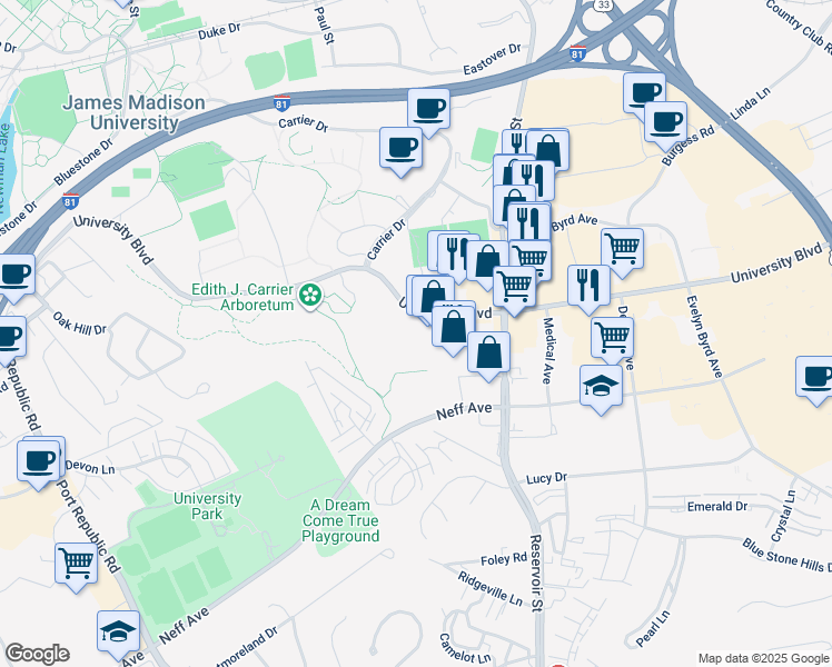 map of restaurants, bars, coffee shops, grocery stores, and more near 600 University Boulevard in Harrisonburg