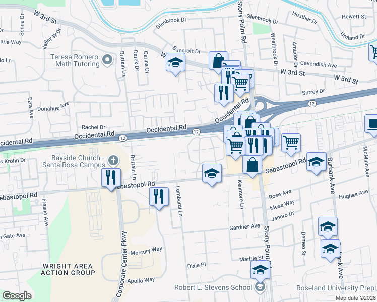 map of restaurants, bars, coffee shops, grocery stores, and more near West Jasmine Circle in Santa Rosa