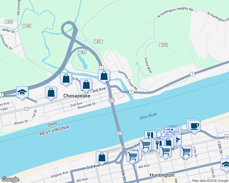 map of restaurants, bars, coffee shops, grocery stores, and more near 110 2nd Avenue in Chesapeake