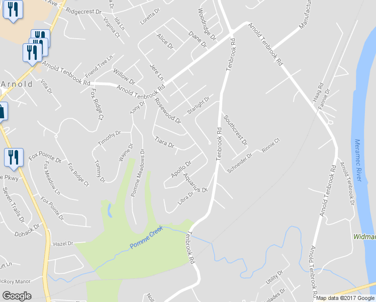 map of restaurants, bars, coffee shops, grocery stores, and more near 2813 Tiara Drive in Arnold