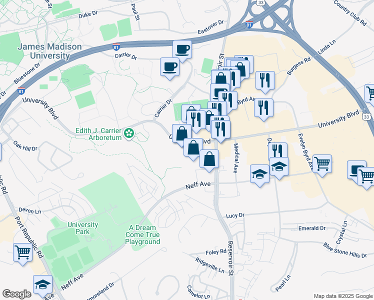 map of restaurants, bars, coffee shops, grocery stores, and more near 600 University Boulevard in Harrisonburg