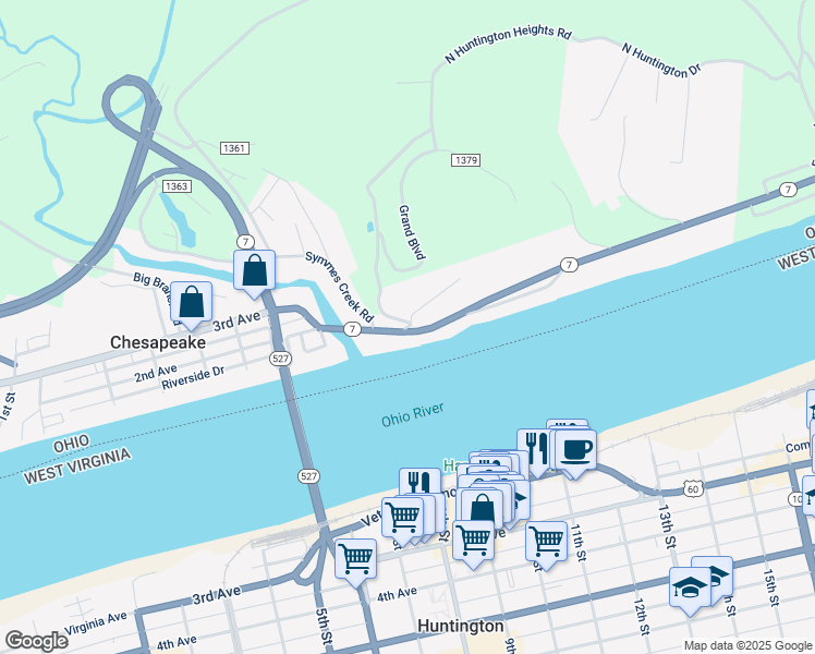 map of restaurants, bars, coffee shops, grocery stores, and more near 9 North Huntington Heights Road in Chesapeake