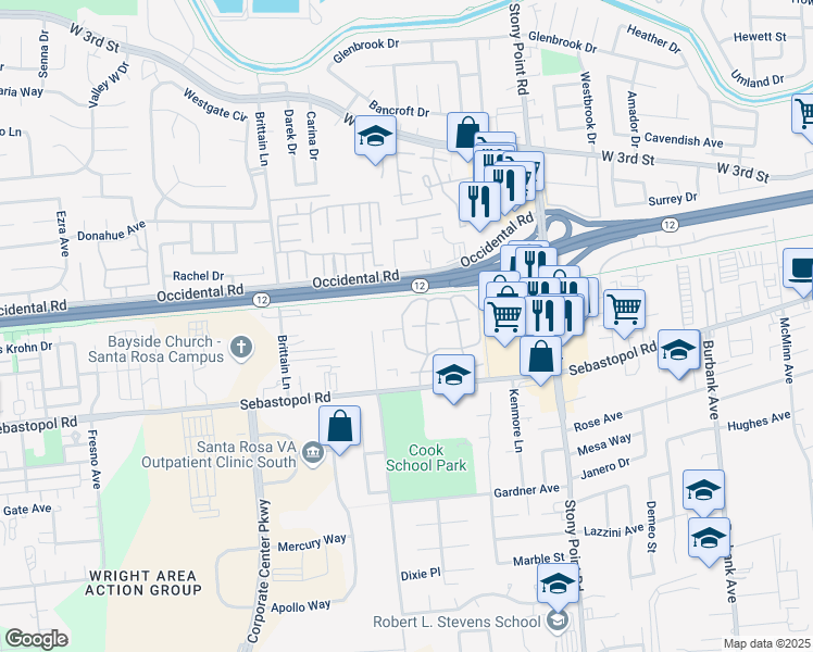 map of restaurants, bars, coffee shops, grocery stores, and more near 734 West Jasmine Circle in Santa Rosa