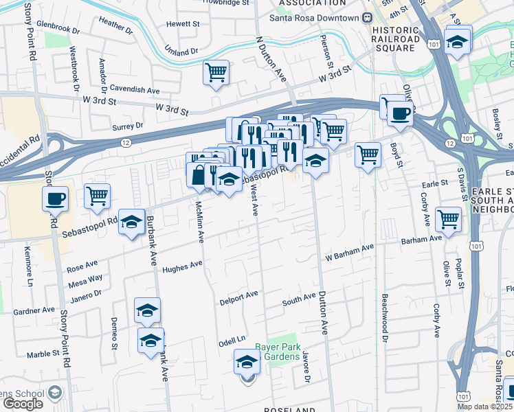 map of restaurants, bars, coffee shops, grocery stores, and more near 756 West Avenue in Santa Rosa