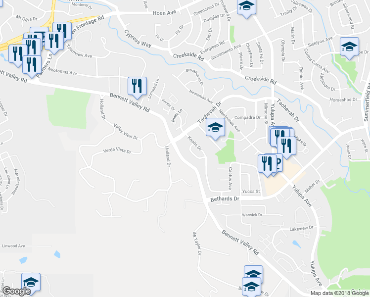 map of restaurants, bars, coffee shops, grocery stores, and more near 2242 Knolls Hills Circle in Santa Rosa