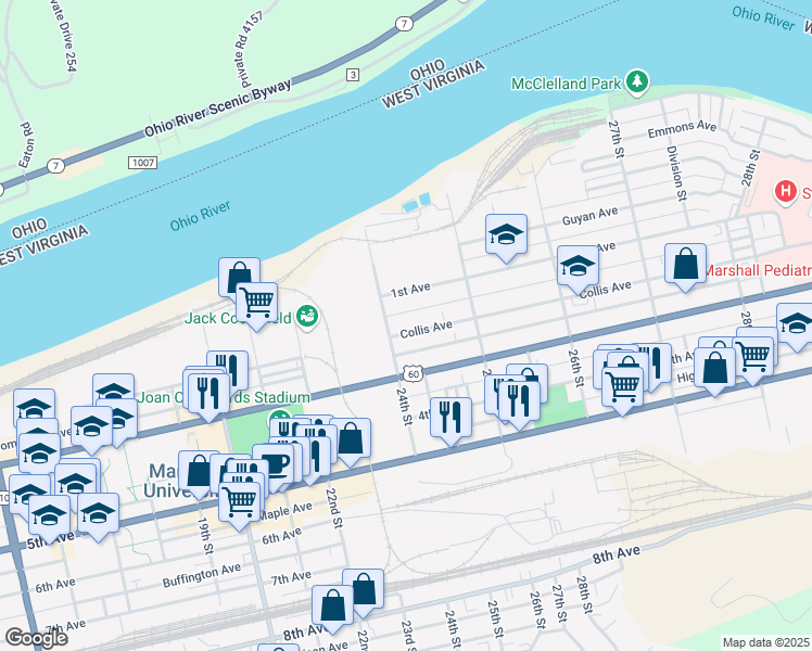 map of restaurants, bars, coffee shops, grocery stores, and more near 2420 Collis Ave in Huntington