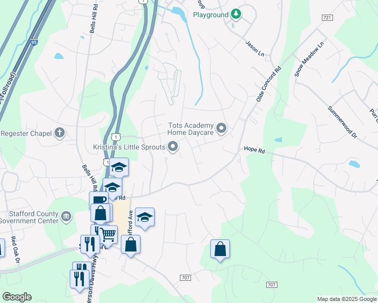 map of restaurants, bars, coffee shops, grocery stores, and more near 24 Club Dr in Stafford