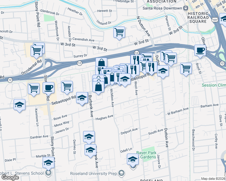 map of restaurants, bars, coffee shops, grocery stores, and more near 1035 Emerald Court in Santa Rosa