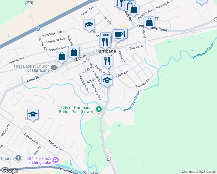 map of restaurants, bars, coffee shops, grocery stores, and more near 564 Midland Trail in Hurricane