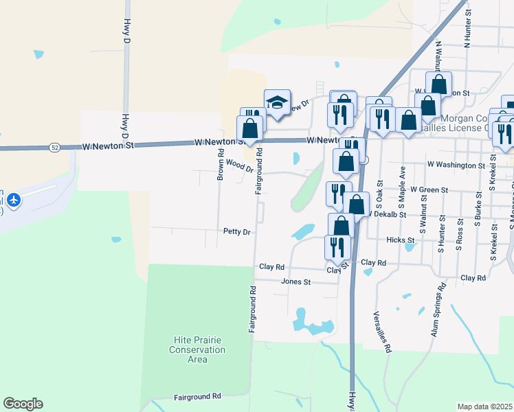map of restaurants, bars, coffee shops, grocery stores, and more near 205 Fairgrounds Rd in Versailles