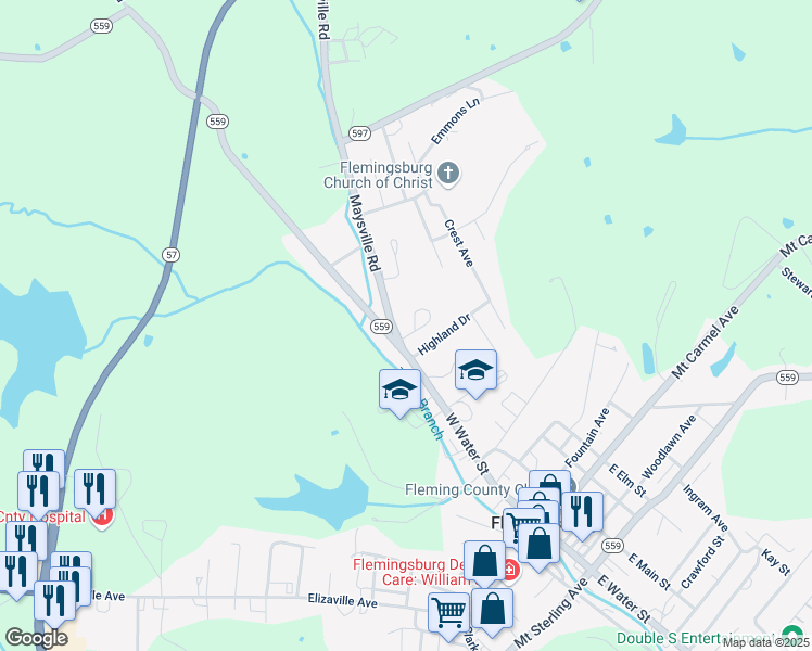 map of restaurants, bars, coffee shops, grocery stores, and more near 500 West Water Street in Flemingsburg