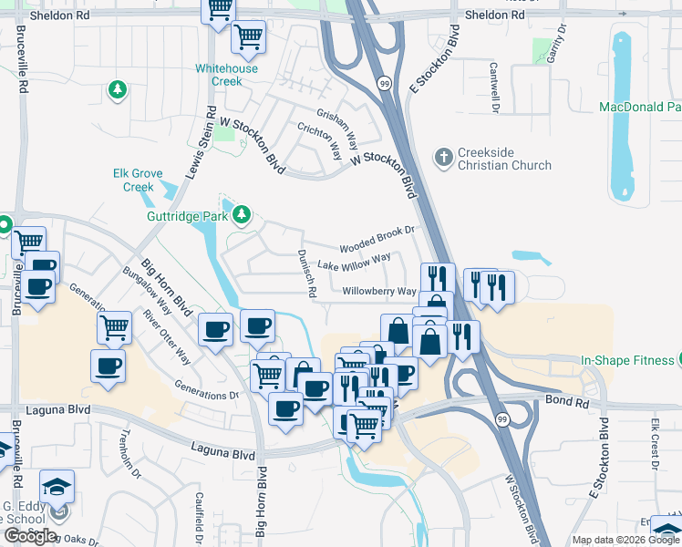 map of restaurants, bars, coffee shops, grocery stores, and more near 8234 Lake Willow Way in Elk Grove