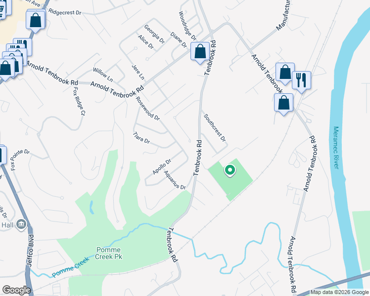 map of restaurants, bars, coffee shops, grocery stores, and more near 2838 Rosewood Drive in Arnold