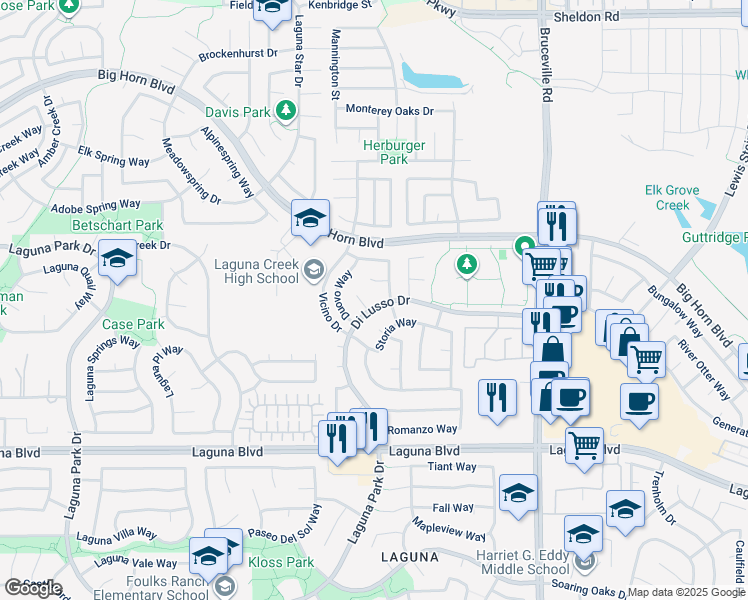 map of restaurants, bars, coffee shops, grocery stores, and more near 6627 Di Lusso Drive in Elk Grove