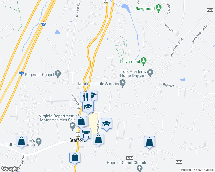 map of restaurants, bars, coffee shops, grocery stores, and more near 7 Masters Drive in Stafford