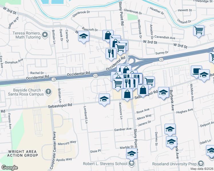 map of restaurants, bars, coffee shops, grocery stores, and more near 538 Torrey Pine Lane in Santa Rosa