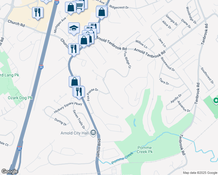 map of restaurants, bars, coffee shops, grocery stores, and more near 1520 Fox Ridge Court in Arnold