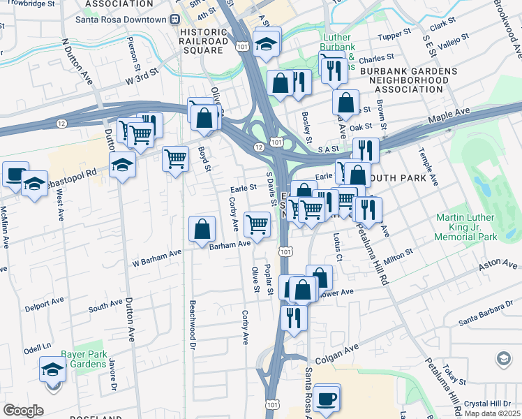 map of restaurants, bars, coffee shops, grocery stores, and more near 221 Carrington St in Santa Rosa