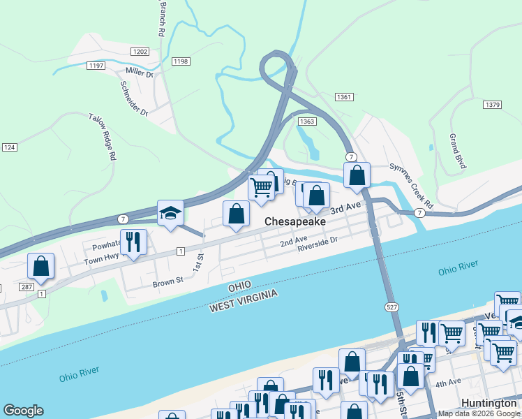 map of restaurants, bars, coffee shops, grocery stores, and more near 4 Chesapeake Plaza in Chesapeake