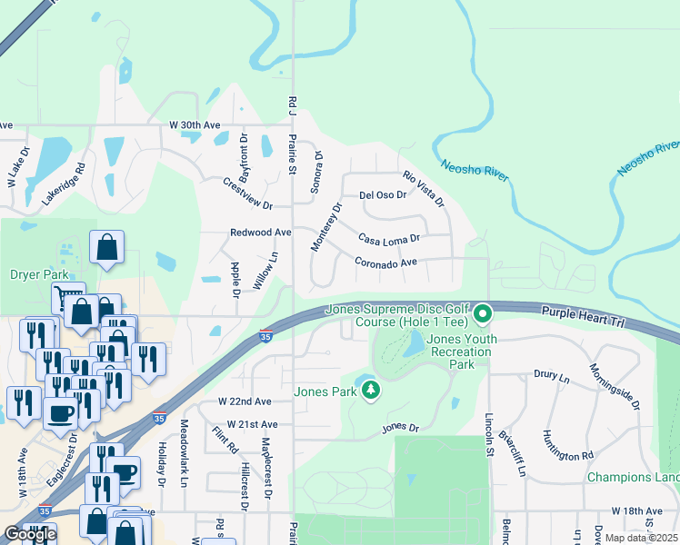 map of restaurants, bars, coffee shops, grocery stores, and more near 2526 Loma Vista Dr in Emporia