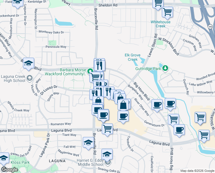 map of restaurants, bars, coffee shops, grocery stores, and more near 9062 Descendant Drive in Elk Grove